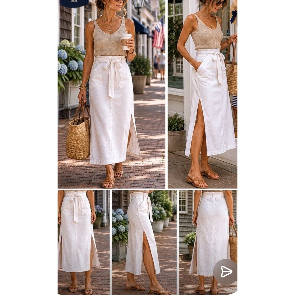 VTG Y2K Linen Midi Skirt White Belted Side Slits Coastal Beachy Preppy Old Navy